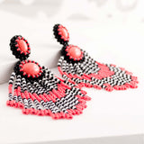 Orange coral statement earrings | Beaded fringe dangles
