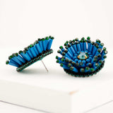 Teal green statement stud earrings | Hand beaded big earrings