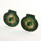 Scallop shell earrings | Big clip on studs with green stone