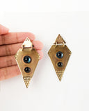 Brass geometric statement dangles | Blue black earrings