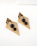 Brass geometric statement dangles | Blue black earrings