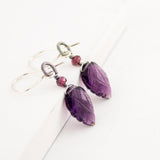 Amethyst Garnet drop silver wire wrapped earrings