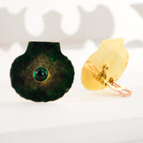 Scallop shell earrings | Big clip on studs with green stone