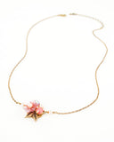 Peach pink floral dainty necklace with antique brass