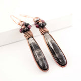 Black quartz garnet copper wire wrapped drop earrings