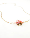 Peach pink floral dainty necklace with antique brass