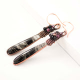 Black quartz garnet copper wire wrapped drop earrings