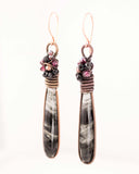 Black quartz garnet copper wire wrapped drop earrings