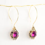 Eggplant purple colored drop earrings with vintage filigree
