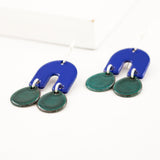 Indigo blue and dark green arch drop earrings