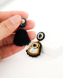 Black cream dangle earrings | unique hand beaded earrings