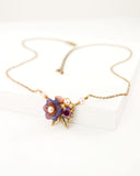 Lavender lilac floral dainty necklace with antique brass