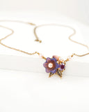 Lavender lilac floral dainty necklace with antique brass