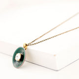 Green enamel pendant necklace with Swarovski crystal & dainty chain