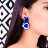 White & blue hand beaded statement earrings