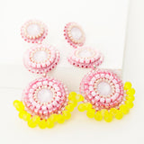 Baby Pink Yellow Beaded Statement Dangle Earrings