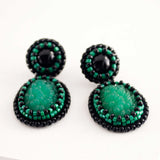 Green and black hand beaded drop earrings