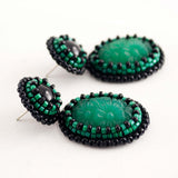 Green and black hand beaded drop earrings