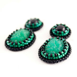 Green and black hand beaded drop earrings