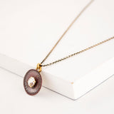 Vintage style circle pendant necklace | Clear crystal & Pink enamel
