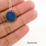 Navy blue circle pendant necklace with silver chain and rhinestone