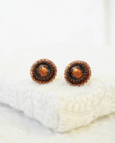 Brown stud earrings with swarovski crystals and seed beads