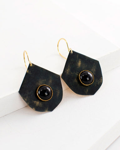Hand painted green black fan dangle earrings by Exquistry
