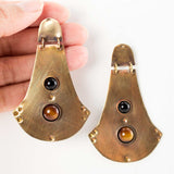 Bell shaped brass statement earrings | black brown gold dangles