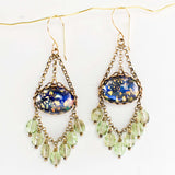 Blue green chandelier earrings with antique filigree