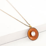 Papaya orange enamel pendant necklace with crystal & dainty chain