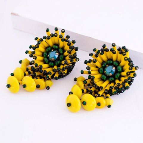 Tamara Statement Earrings in Yellow Rose with Black or Yellow Beads. -  Morning Heirloom