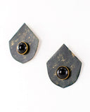 Fan shaped green black stud earrings with black stone