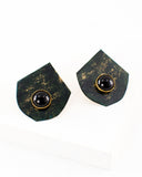 Fan shaped green black stud earrings with black stone