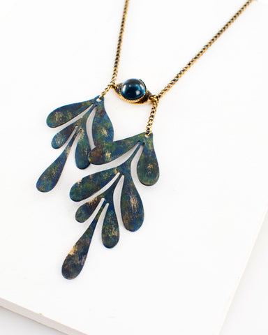 Double leaf lariat necklace with blue stone and hand painted brass, handmade in Seattle