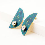 Half circle teal green stud earrings with Swarovski crystal