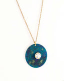 Teal green large circle pendant necklace with clear crystal