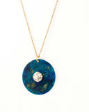 Teal green large circle pendant necklace with clear crystal