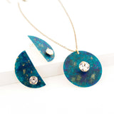Half circle teal green stud earrings with Swarovski crystal