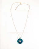 Teal green large circle pendant necklace with clear crystal