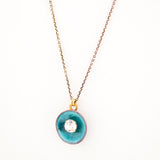 Sea blue enamel disc pendant necklace with clear crystal