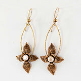 Antique Brass Flower Leaves Swarovski Crystal Earrings