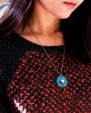 Teal green large circle pendant necklace with clear crystal