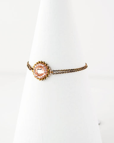 Dainty beaded peach and gold brass bracelet