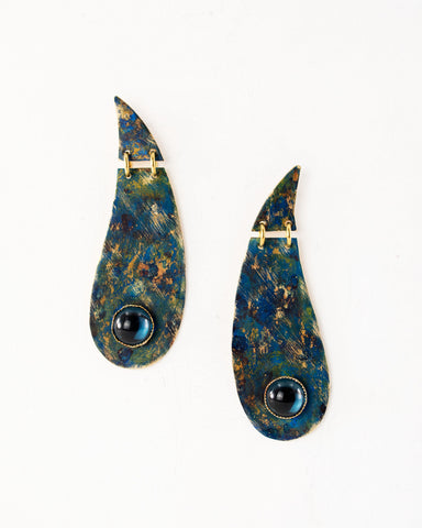 Paisley shaped brass earrings with colorful blue and green patina, handmade in Seattle