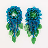 Teal green beaded statement earrings with vintage cabochon
