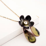 Black light green flower pendant necklace | Glass enamel necklace