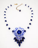 Vintage style flower beaded statement necklace in blue & white