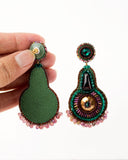 Hand beaded emerald green burgundy gold statement earrings