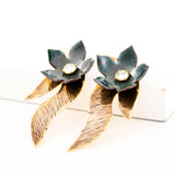 Forest green enamel flower earrings | Brass leaves dangles