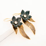 Forest green enamel flower earrings | Brass leaves dangles